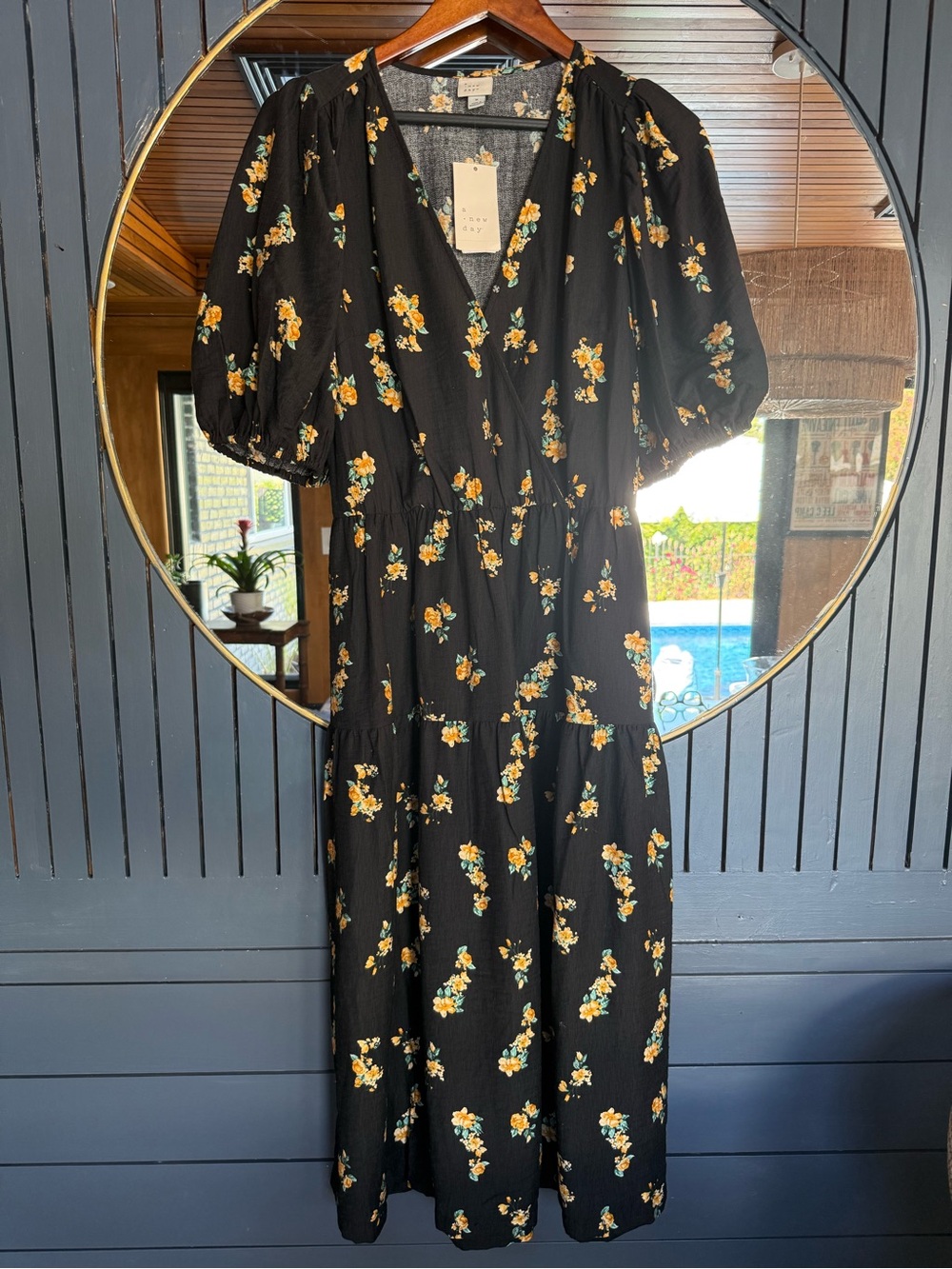 Black Floral Midi Dress with Puff Sleeves